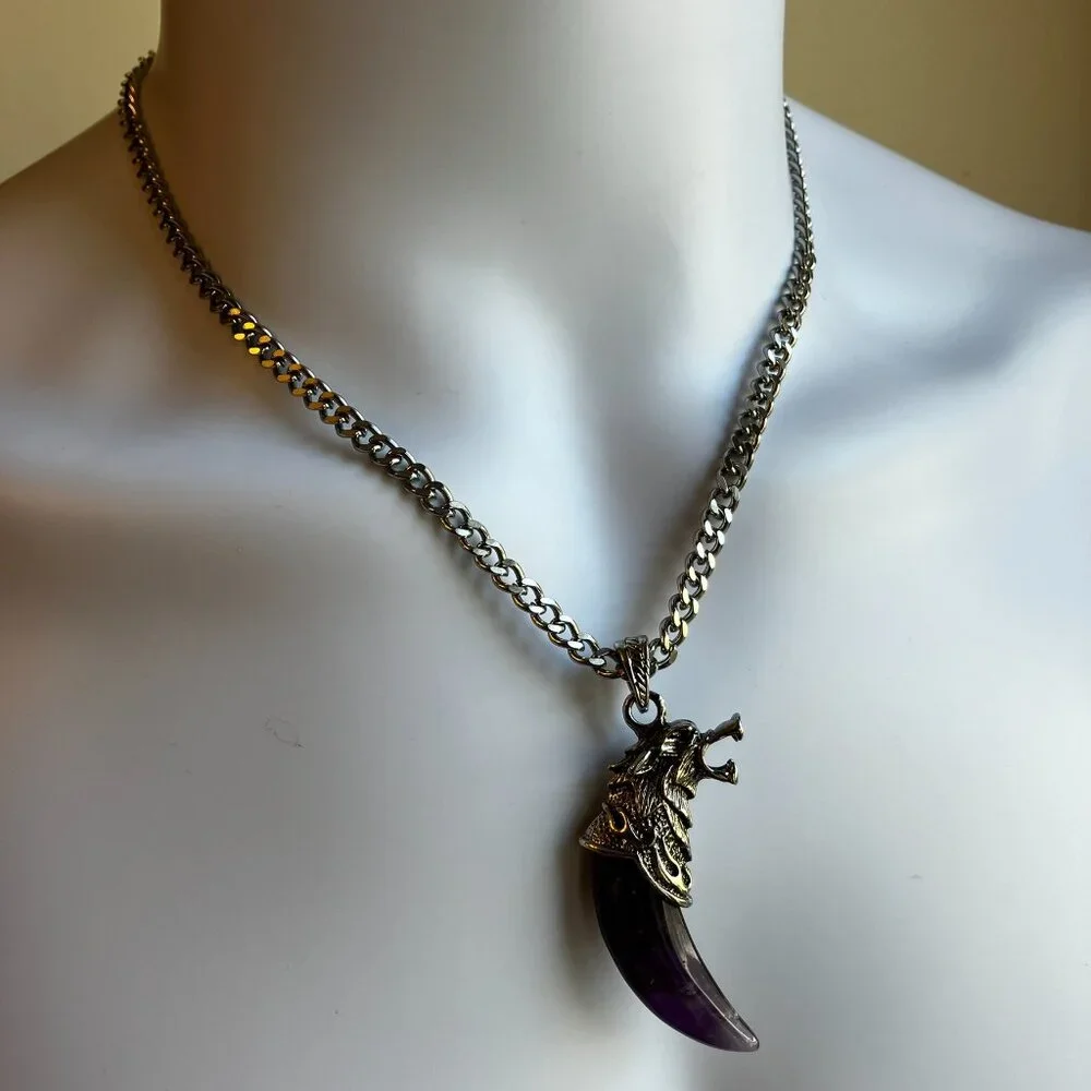 Amethyst Gemstone Tusk AND CHAIN Men's Chunky 20-inch Stainless Steel Chain